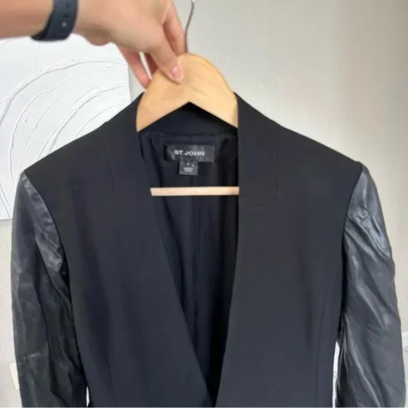 St. John Caviar Black Lamb Leather Open Front Blazer Jacket - Picture 11 of 16